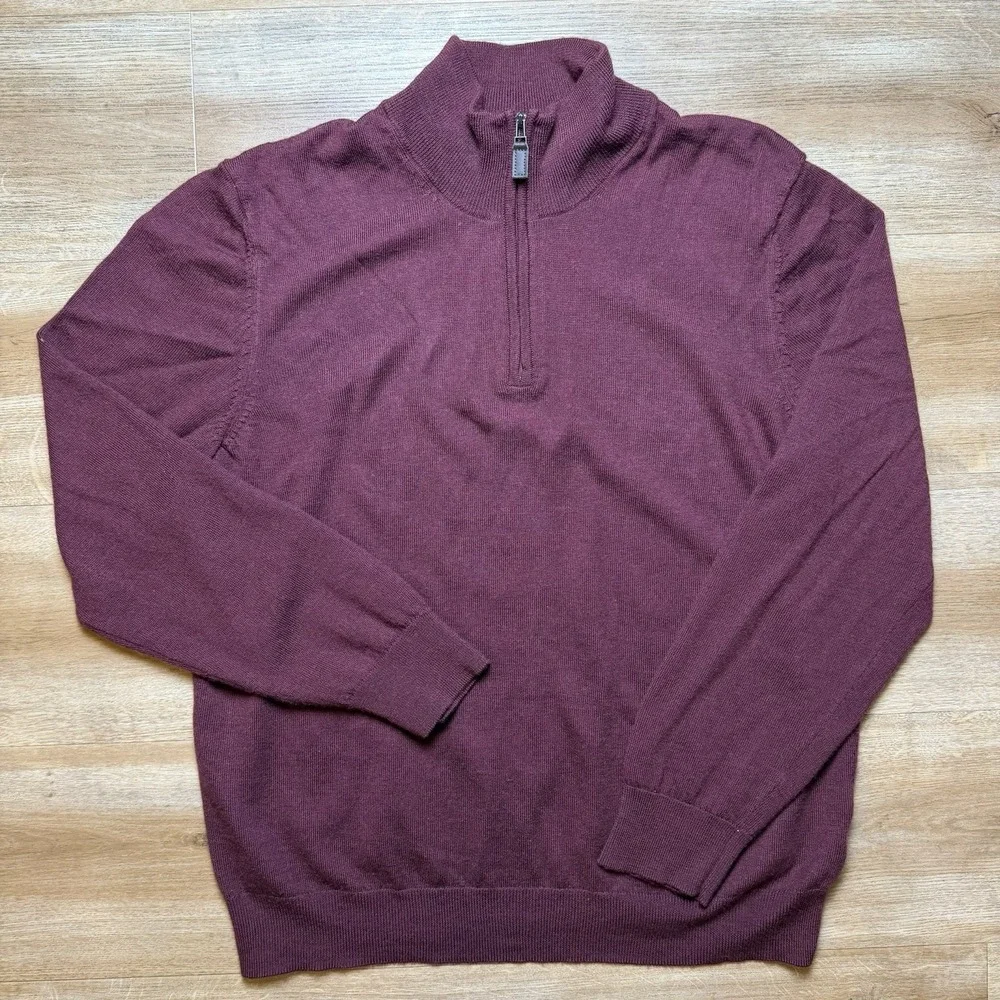 Jos A Bank Sweater Men Large Burgundy 100% Merino‎ Wool 1/4 Zip Pullover Preppy